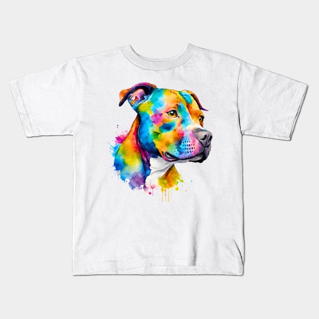 Pitbull Watercolor Portrait Kids T-Shirt by Doodle and Things